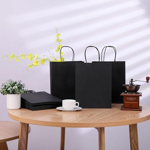 SUNCOLOR 25-Pack Black Gift Bags with Handles, 8x4.5x10 Inch Medium Kraft Paper Bags for Party Favors, Retail, Halloween, Weddings - color: Black