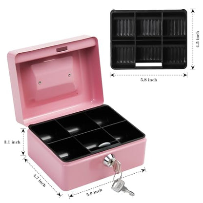 Steel Cash Box with Key Lock, Metal Small Money Organizer with Money Tray,Cash Storage Box with Lockable Cover (Pink - 5.9" x 3.1" x 4.7") - color: Pink - 5.9" x 3.1" x 4.7"