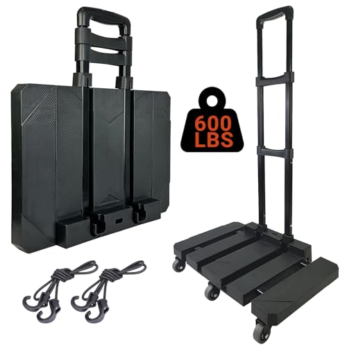 600lbs Folding Hand Truck, Portable Heavy Duty Dolly Cart with 6 Wheels & 2 Elastic Ropes, Light Weight Utility Dolly Platform Cart, Collapsible Dolly for Luggage, Travel, Moving, Shopping Use - style: 600 lbs, 6 Wheels