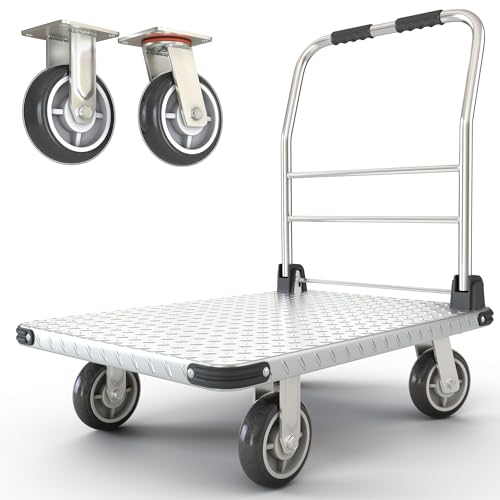 2200 lbs. Capacity Foldable Push Cart Dolly | Moving Platform Hand Truck | Heavy Duty Space Saving Collapsible | Swivel Flat Bed Wagon - Furniture Luggage Lifting - color: Silver, size: 2200 lbs. Capacity