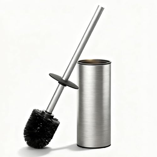 Toilet Brush and Holder Set, NEWRAIN Stainless Steel Toilet Brush with Long Brush Handle, Brushed Nickel Toilet Scrubber and Covered Holder, Round Design Sturdy and Space Saving, Covered Brush - color: Brushed Nickel