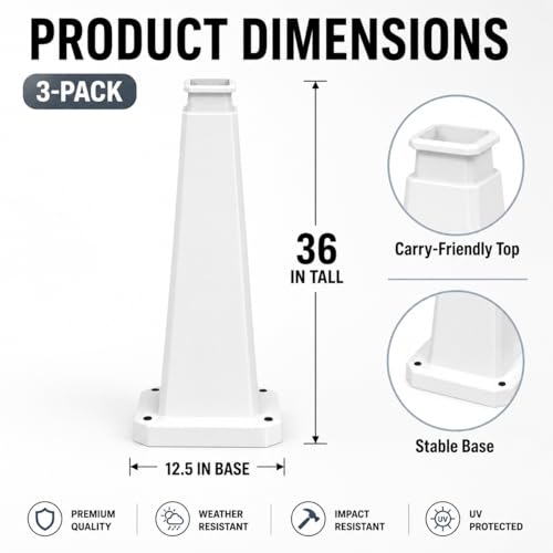 BESEA 3 Pack 36 Inch White Traffic Cones with Weighted Base - color: White, size: 36INCH