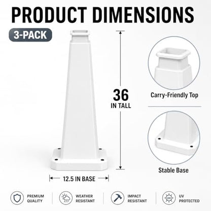 BESEA 3 Pack 36 Inch White Traffic Cones with Weighted Base - color: White, size: 36INCH