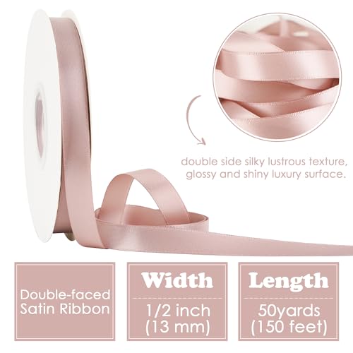 HUIHUANG 1/2 inch Dusty Rose Double-Faced Satin Ribbon Continuous 50 Yds - color: Dusty Rose, size: 1/2 inch