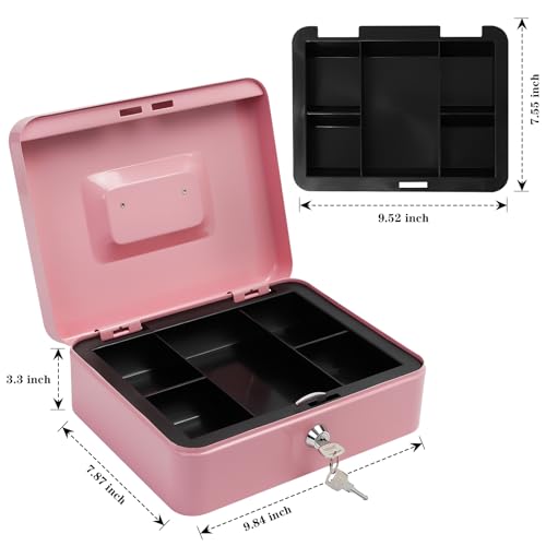 Steel Cash Box with Key Lock, Metal Small Money Organizer with Money Tray,Cash Storage Box with Lockable Cover (Pink - 9.8" x 7.8" x 3.3") - color: Pink - 9.8" x 7.8" x 3.3"