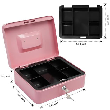 Steel Cash Box with Key Lock, Metal Small Money Organizer with Money Tray,Cash Storage Box with Lockable Cover (Pink - 9.8" x 7.8" x 3.3") - color: Pink - 9.8" x 7.8" x 3.3"