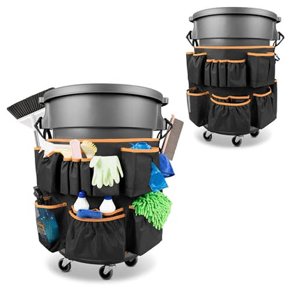 HODRANT Trash Can Caddy Bag with 13 Pockets Fit 32-55 Gallon Garbage Bin - color: Black with orange edge