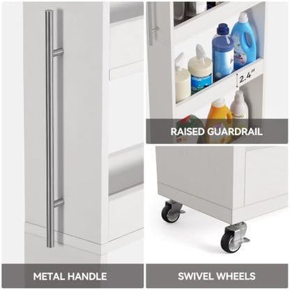 LITTLE TREE 63-Inch Slim Storage Cart on Wheels, 5-Tier Tall Narrow Mobile Shelf Organizer, Rolling Utility Cart with Metal Handle for Kitchen, Dining Room, Small Spaces, White - color: White