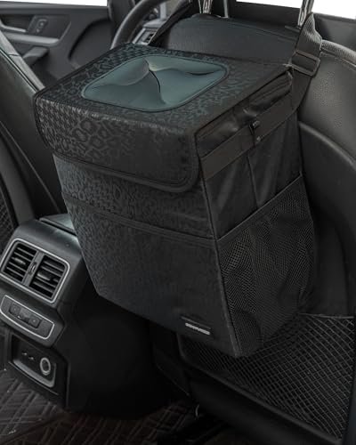 SIBOFUEGO Sturdy Car Trash Can with Lid, Collapsible, Leak-Proof, 3 Gallon - color: Black Leopard, size: 3 Gallons