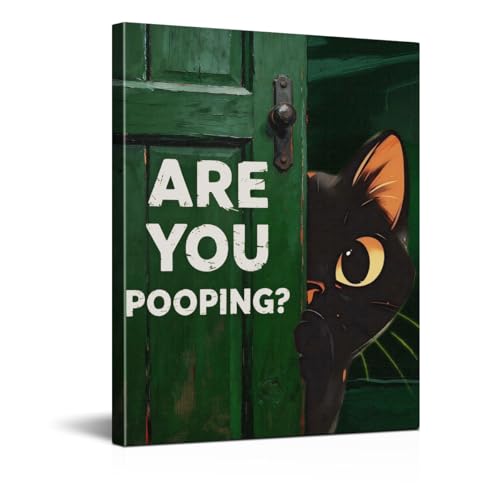 BIQRP Funny Cat Bathroom Decor - Cute Green Door Cats Artwork Picture for Bathroom - Are You Pooping - color: CAT1
