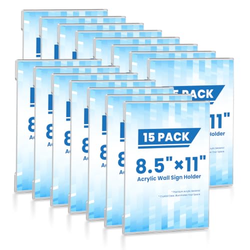 15 Pack 8.5x11 Acrylic Sign Holder Wall Mount, Clear Plastic Wall Signs Display for Flyers, Acrylic Frame Photo Menu Stands with Adhesive Tape for Restaurants, Office and Business Store - No Drilling - size: 15 Pack 8.5x11" Wall Mount