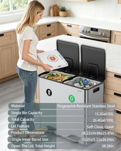 Dual Trash and Recycling Bins for Kitchen, 2*13.2 Gal Dual Trash Can,Silver - color: Silver, size: 2 * 13.2 Gallon