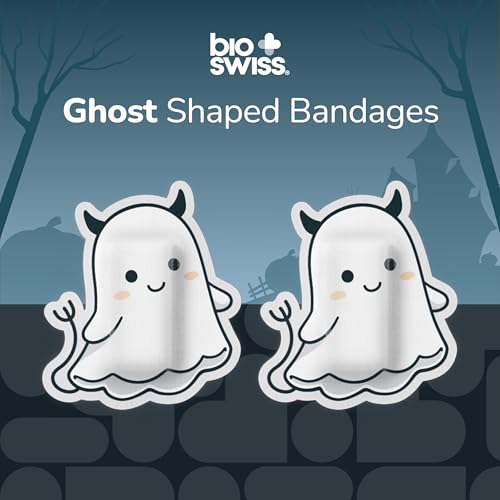 BioSwiss Bandages, Halloween Ghost Shaped Self Adhesive Bandage Set, Latex Free, Sterile Wound Care, 50 Count - size: 50-Count Tin, style: Ghost