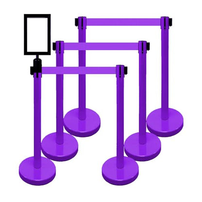 VIP Crowd Control Retractable Belt Queue Safety Stanchion Barrier Set, 36" Ht, 78" Belt + Wall Bracket (6 Pur Posts Pur Belt + SFrame + WBracket) - color: 6 Pur Posts Pur Belt + SFrame + WBracket