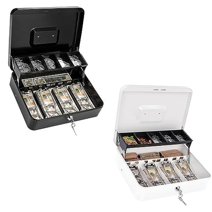 Large Cash Box with Money Tray and Lock Metal 11.8" x 9.4" x 3.54" Black + White