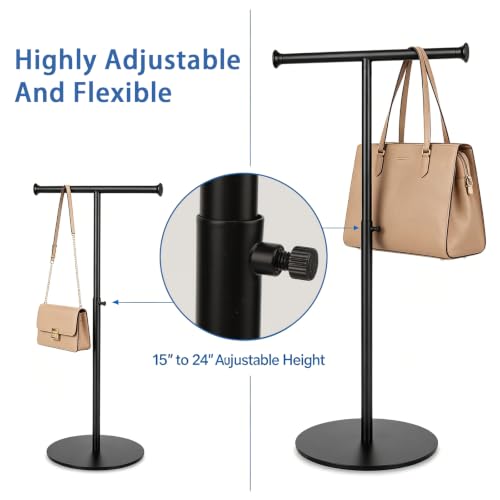 1 Pack Black Stainless Steel T Bar Purse Display Stand, Adjustable 15 to 24 Inch Height Tabletop Handbag Holder, Countertop Hanging Rack for Necklace Scarf Lanyard Jewelry Closet Boutique