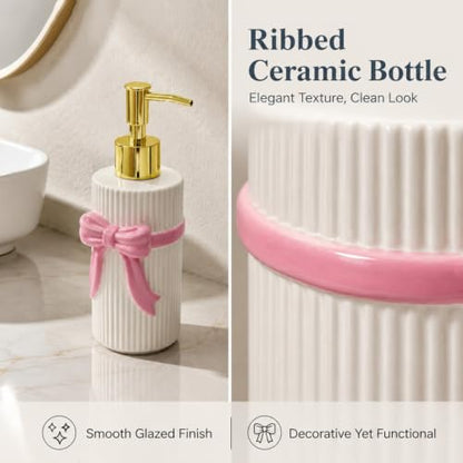 Ceramic Pink Bow Soap Dispenser, Cute Coquette Pump Dispenser, Refillable Hand Lotion Bottle, Preppy Accessories for Bathroom Kitchen Decor