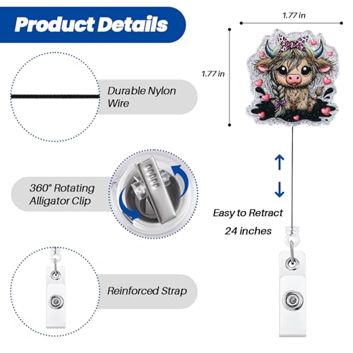 Funny Bow Highland Cow Nurse Badge Reel, Cute Retractable ID Badge Holder - color: Highland Cow