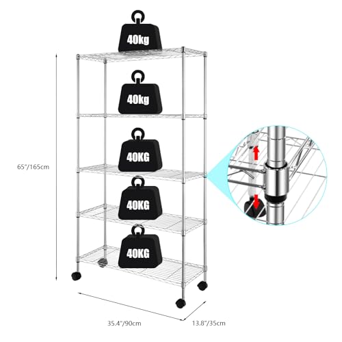 5-Tier Shelf, Adjustable Wire Metal Rack Shelving, Heavy Duty Standing Storage Shelves, Garage, Kitchen, Office, Bathroom, Shelfs Easy Assembly, 35" W x 14" D x 65" H Wheels, Chrome - color: Chrome, size: 5-tier 35.43"W x 13.78"D x 65"H Wheels