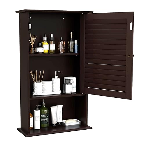 COSTWAY Bathroom Wall Cabinet, Large Capacity Storage Cabinet (Brown) - color: Brown