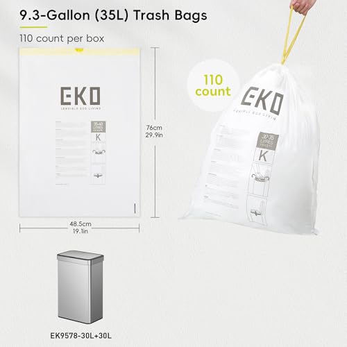 EKO 9.3 Gallon / 30–35 Liter Drawstring Trash Bags, 110 Count Heavy-Duty Tall Kitchen Garbage Can Liners, Extra-Strong Leak-Resistant, Unscented, White, Code K - size: 110 Count (Pack of 1), style: 9.3 Gallon Bags/Code K