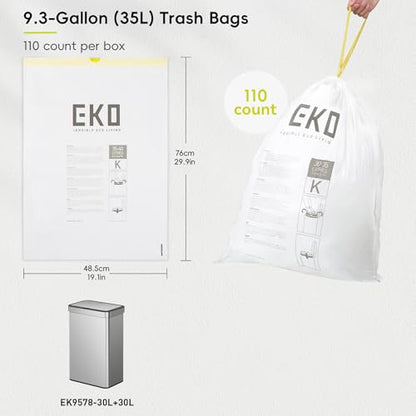 EKO 9.3 Gallon / 30–35 Liter Drawstring Trash Bags, 110 Count Heavy-Duty Tall Kitchen Garbage Can Liners, Extra-Strong Leak-Resistant, Unscented, White, Code K - size: 110 Count (Pack of 1), style: 9.3 Gallon Bags/Code K