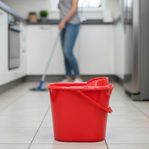 Condor Professional Bucket with Drainer, Red Plastic Mop Bucket, Built-in Measuring Scale, Cleaning Container