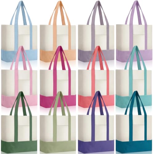 Sanwuta 12 Pcs Mini Canvas Tote Bags Bulk with Pocket Small Sublimation Blank Canvas Tote Reusable Grocery Bag for Women, DIY Craft (Macarons) - color: Macarons