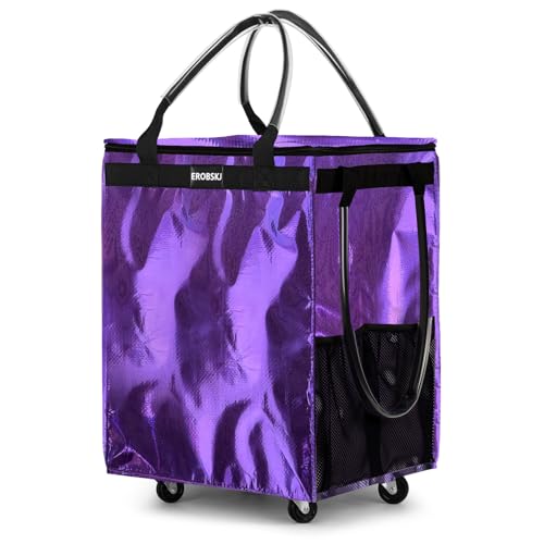 Medium Purple Reusable Grocery Bag on Wheels, Foldable Rolling Tote Bag - color: Purple, size: Medium