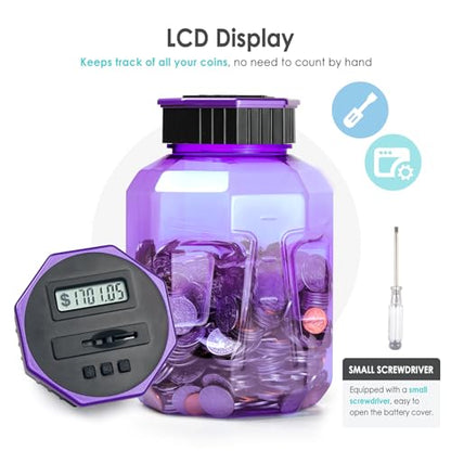 X-Large Piggy Bank for Adults Kids, Digital Coin Counting Bank LCD Counter - color: Purple
