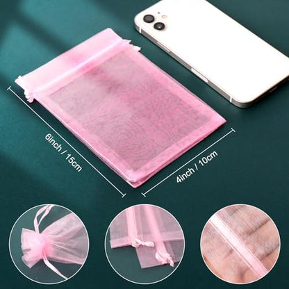 WenTao 100pcs Organza Gift Bags, 4 x 6 inches Pink Wedding Christmas Favors Gift Drawstring Bags Jewelry Pouches - color: pink