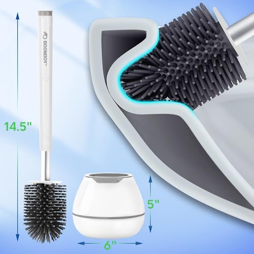 BOOMJOY Toilet Brush and Holder Set, Silicone Toilet Bowl Cleaner Brush, Bathroom Cleaning Bowl Kit with Tweezers, Bathroom Accessories with Aluminum Handle - White - color: White
