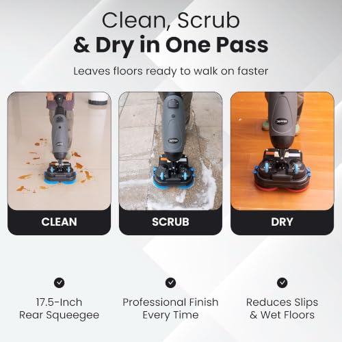 Battery Powered Portable Hand Held Walk Behind Floor Scrubber Machine 17" Cleaning Path, 17.5" Squeegee, 1.2 Gal Tank Up to 13,000 Sq. Ft./Hr.