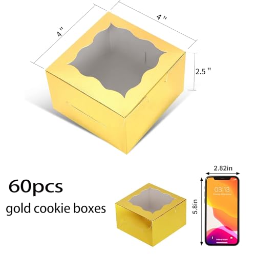KPOSIYA 60pcs Small Cookie Boxes with Window, 4x4x2.5 Gold Bakery Box - color: Gold, size: 60