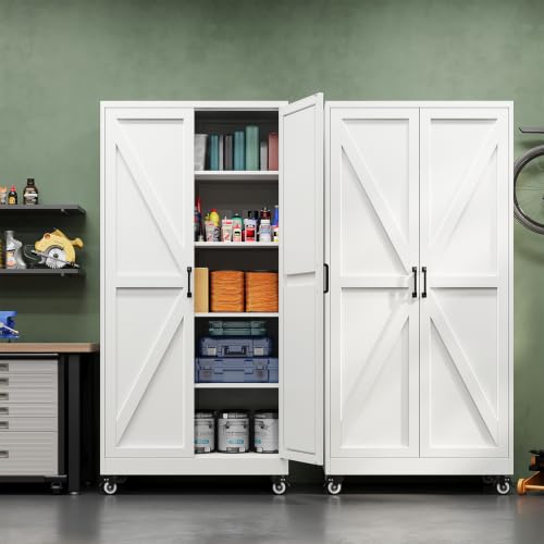 Letaya Metal Garage Storage Cabinet with Wheels,71" White Tool Steel Locker - color: White, size: 15.8”D x 32”W x 71”H