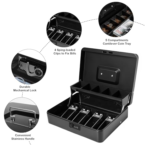 Locking Cash Box with Key Lock and Money Tray, Money Box, Lock Safe Box, Cash Money Lock Safe Box for Cash Register 11.8"x9.45"x3.54" (Black Combination) - color: Black Combination