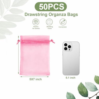 Kelfuoya 50Pcs Organza Drawstring Pouches, Pink 5"×7" Sheer Gift Bags - color: Pink-5"x7"