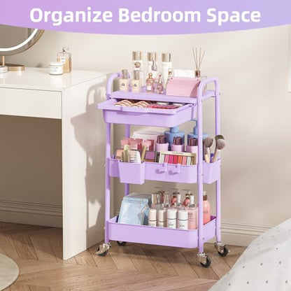 KINGRACK 3 Tier Metal Rolling Cart with Drawer, Purple Utility Storage Cart - color: Purple