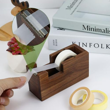 Buqoo Wood Desk Tape Dispenser Natural Walnut Wood Tape Desk Dispenser