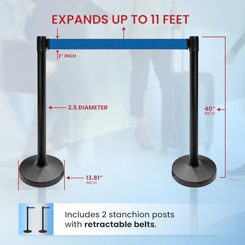 CCW Series RBB-100 2-Pack Retractable Belt Barrier Stanchions, 11 Ft Blue - color: Blue Belt wit Black Post