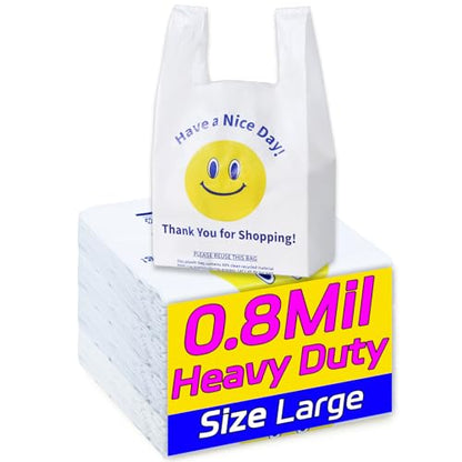 YovhVon 0.8Mil(20 Microns), 50 Count, Plastic Bags with Handles, T-Shirt bags, Thank You bags, Shopping Bag, Grocery Bag, |for Store, Carry, Pack|, White, 1/6 Barrel, Large 11"x6"x21", Heavy Duty