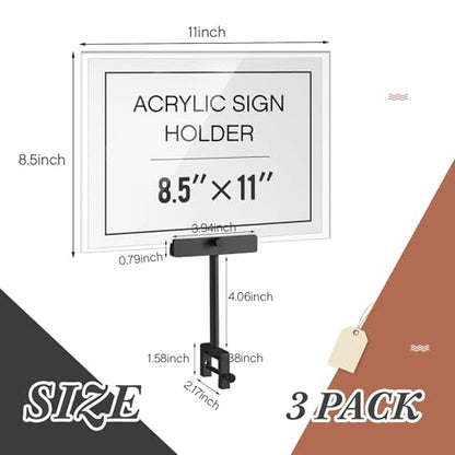 FoldTier 3 Set Aluminum Alloy Sign Holder Clamp with 8.5x11 Acrylic Frame - color: Black, size: 8.5 x 11 Inches