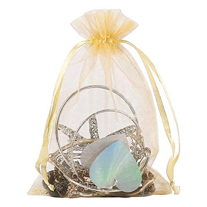 HRX Package 100pcs Gold Organza Gift Bags, 4 x 6 inch Candy Mesh Drawstring Favor Bags Jewelry Pouches for Christmas Wedding Party - color: Gold