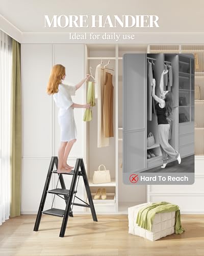 3 Step Ladder, Foldable Aluminum Step Stool with Anti-Slip Pedal - color: Black, size: 3 Step