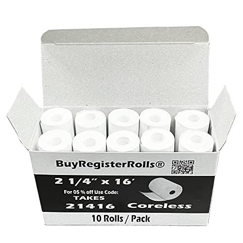(10 Rolls) 2 1/4 x 16 Thermal Paper Rolls Coreless 2.25 (57mm) x 16 ft 1 Ply Poynt Smart Payment Terminal Receipt Printer Paper Rolls BPA Free From BuyRegisterRolls