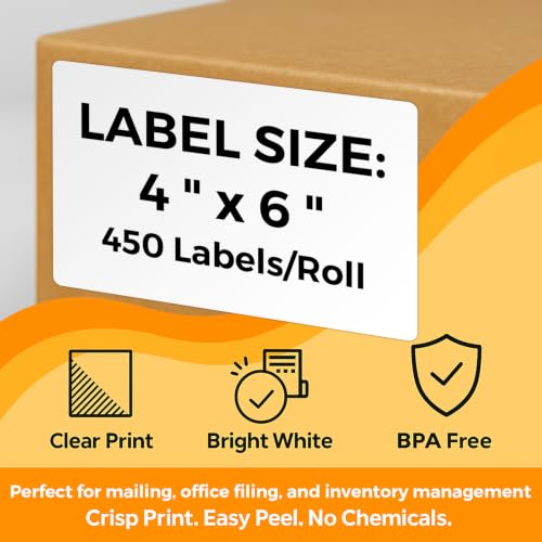 3-Proof 4"x6" Thermal Labels for ZP450/505, 4-Roll 450 PCS, 1" core - size: 4" x 6" - 4 Rolls ( 1800 labels ）