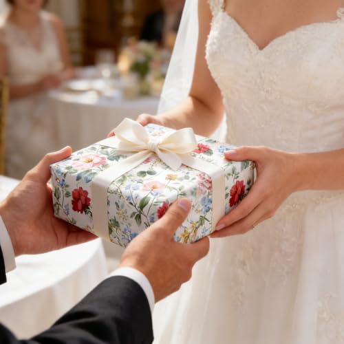 Cuitpan Reversible Floral Wrapping Paper Roll – Red & Pink Wildflowers, Light Green on Back Side, Gift Wrap for Wedding, Bridal Shower, Anniversary, Mother's Day, Birthday, 17 Inches x 16.5 Feet - color: Red/Pink -Wildflower