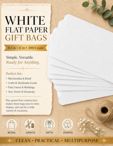 CuteBox 300pc White Flat Paper Gift Bags (8.5" x 11") for Merchandise, Crafts, Party Favors, Retail, Handmade Goods, Arts and Crafts, Outdoor Events, Holidays, Weddings