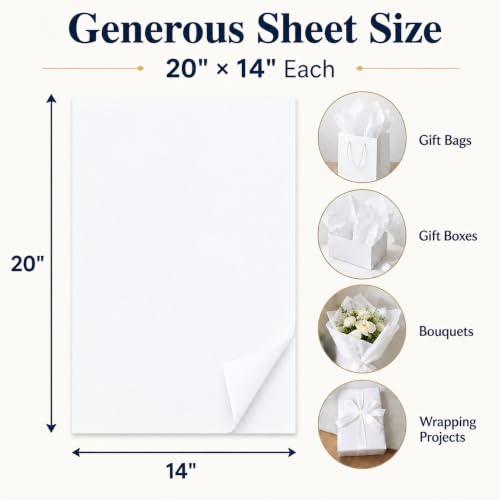 ROVIBIOBIO 100 Sheets White Tissue Paper for Gift Bags, 20 x 14 Inch - color: White