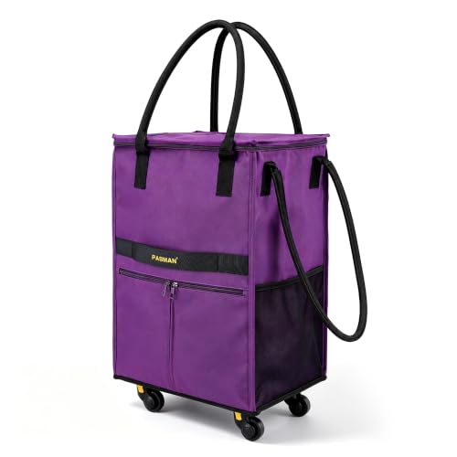 PASMAN Reusable Foldable Rolling Grocery Bag on 5 Wheels,Large,Matte Purple - color: Matte-purple, size: Large